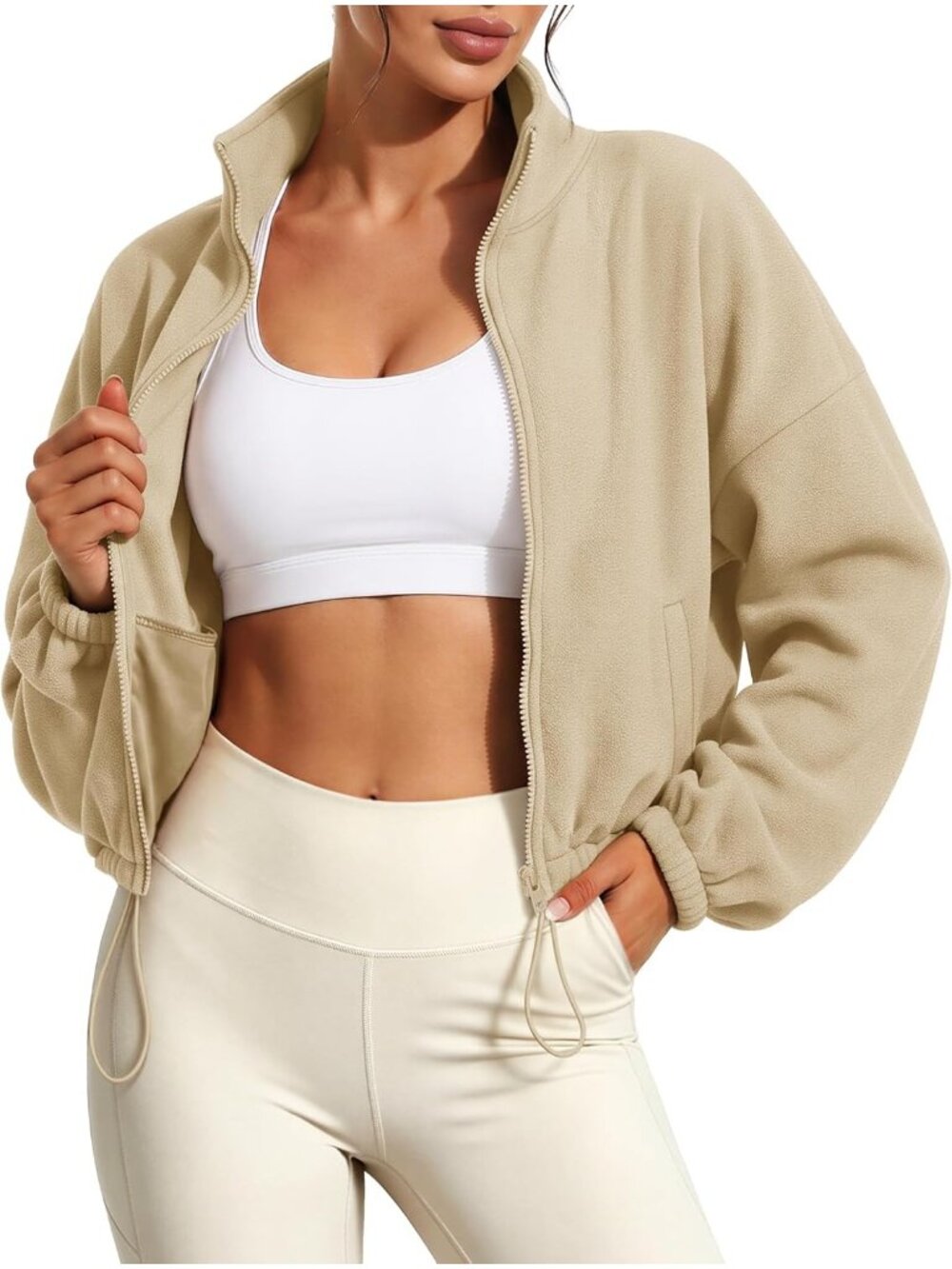 Women’s Light Khaki Long Sleeve Cropped Sherpa Full ZIP Collar Fleece Jacket